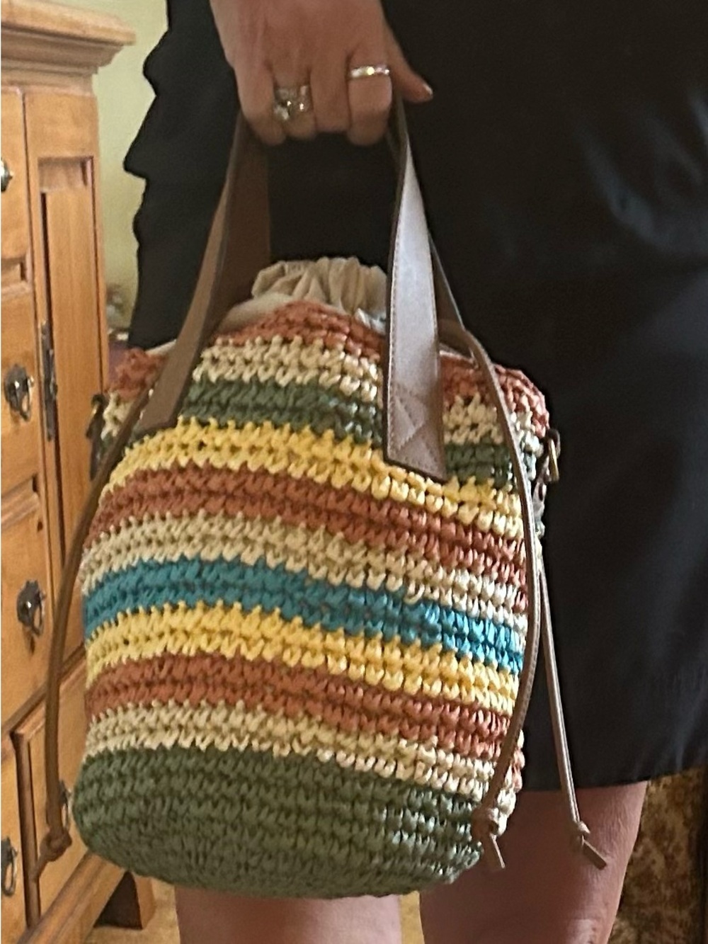 Sol and Mer Raffia Striped Drawstring Handbag NWT - Picture 9 of 11